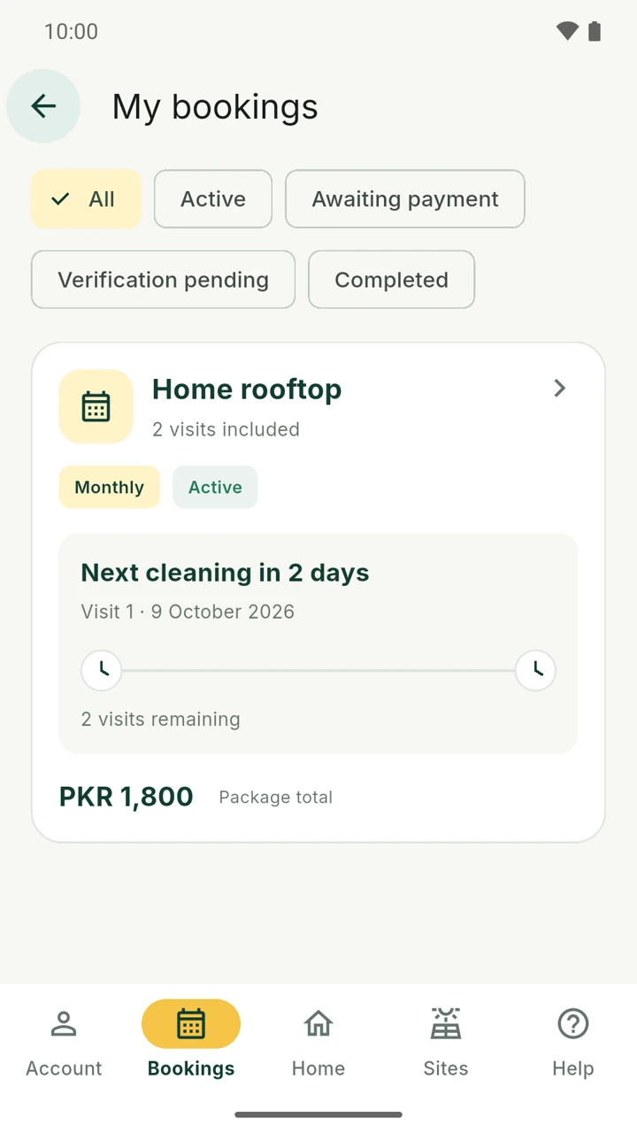 Sample active cleaning booking with visit schedule and package information
