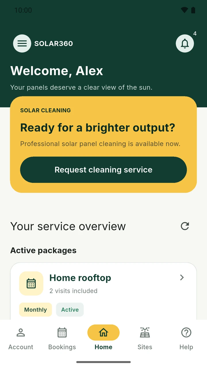 Solar360 home dashboard showing a sample cleaning package and service overview