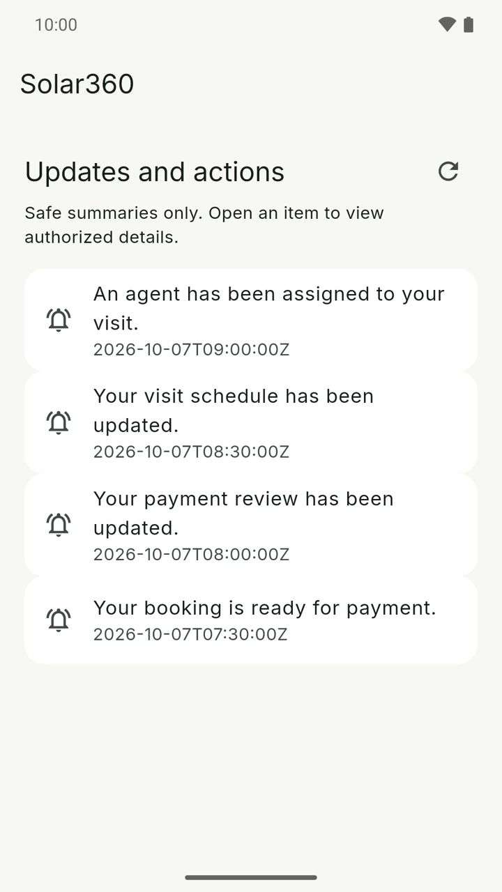 Sample Solar360 notifications for assignments, schedules, and payment reviews